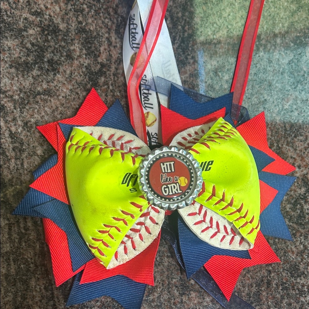 Hit Like a Girl Softball Hair Bow - Red, Blue, Yellow
